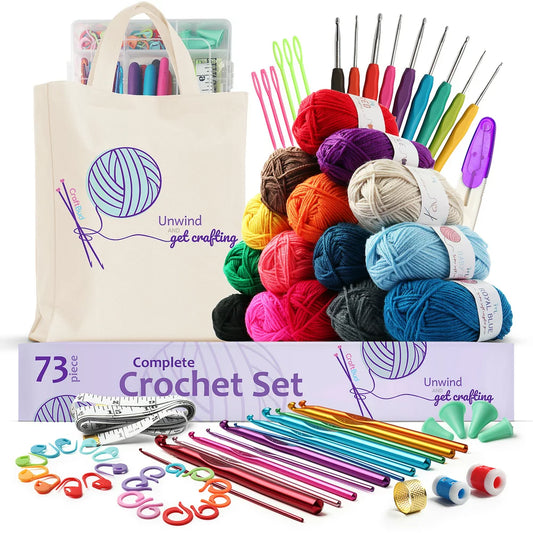 73 Piece Crochet Set Kit with Crochet Hooks Yarn Set, Premium Bundle Includes Yarn Balls, Needles, Accessories Kit, Canvas Tote Bag for Travel