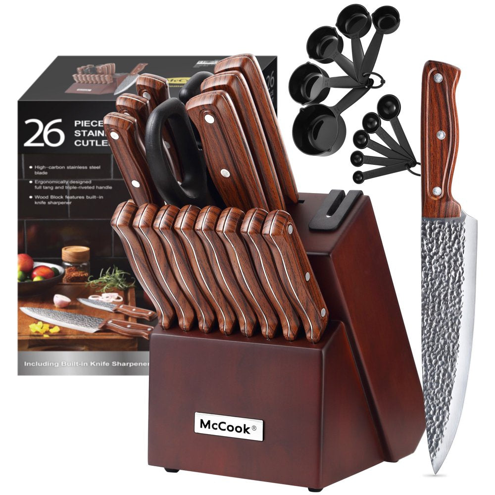 Mccook DISHWASHER SAFE MC701 Black Knife Sets of 26, Stainless Steel Kitchen Knives Block Set with Built-In Knife Sharpener,Measuring Cups and Spoons