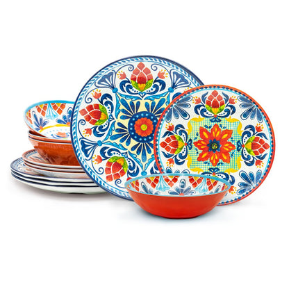 12 Pieces Dinnerware Set Melamine Plastic Plates and Bowls, Service for 4, Durable and Dishwasher Safe, Medallion Warm