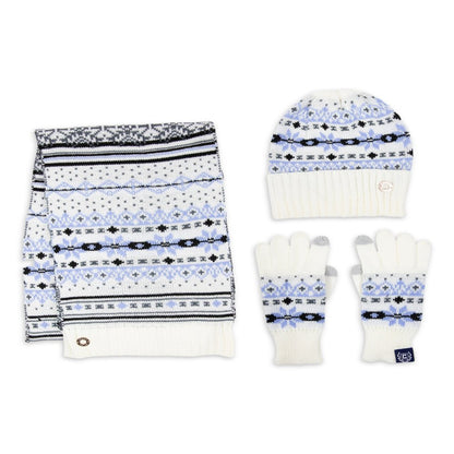 Chaps Brand Womens Fairisle Knit 3 Piece Scarf, Beanie Style Hat and Glove Set