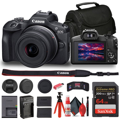 Canon EOS R100 Mirrorless Camera with 18-45mm Lens (6052C012) + Bag + 64GB Card + LPE17 Battery + Charger + Card Reader + Flex Tripod + Cleaning Kit + Memory Wallet International Model