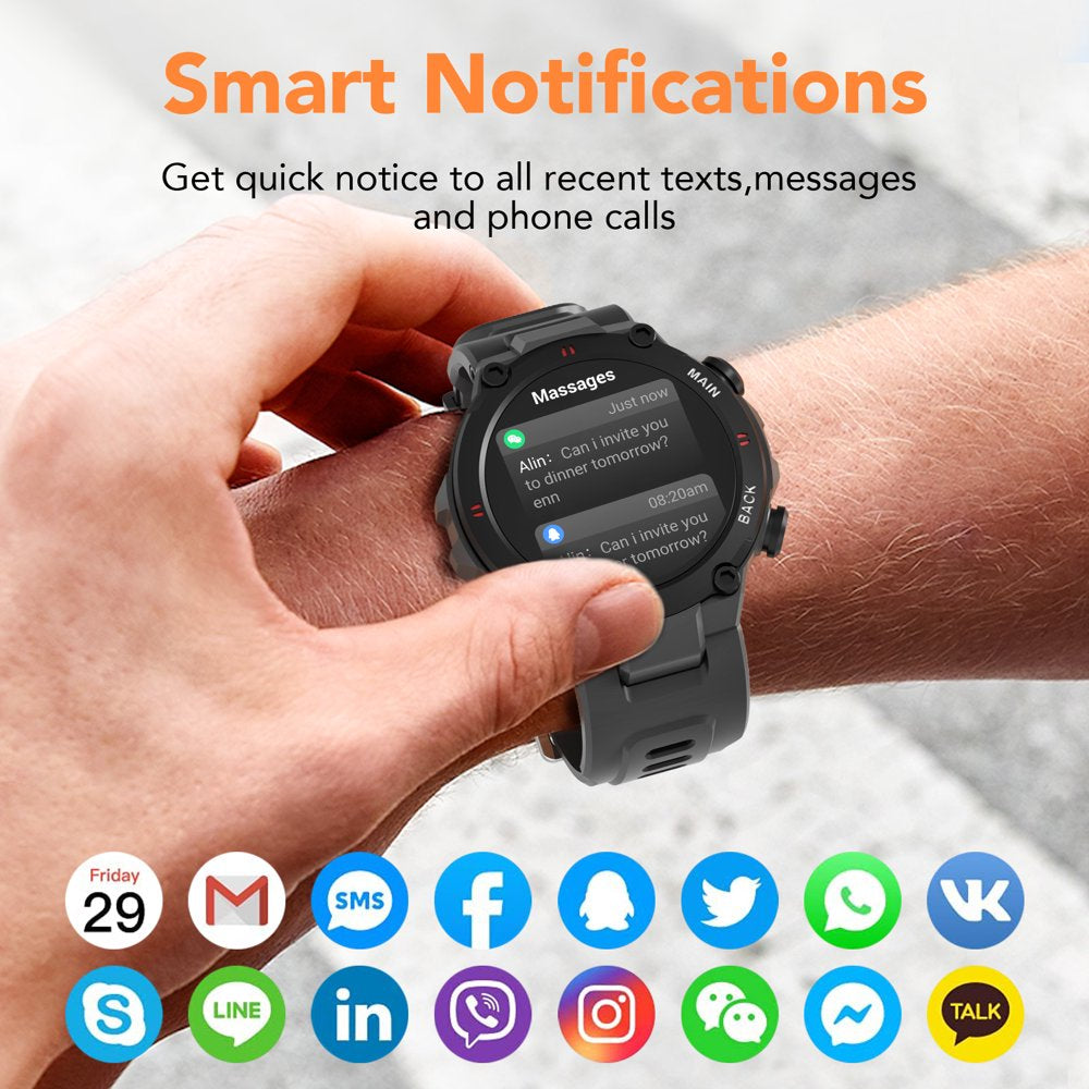 Carkira Smart Watch for Men Military Bluetooth Call IP67 Waterproof Watch Multiple Sports Modes Pedometer Heart Rate Blood Oxygen Monitoring Watch for Android Apple Phone Gray