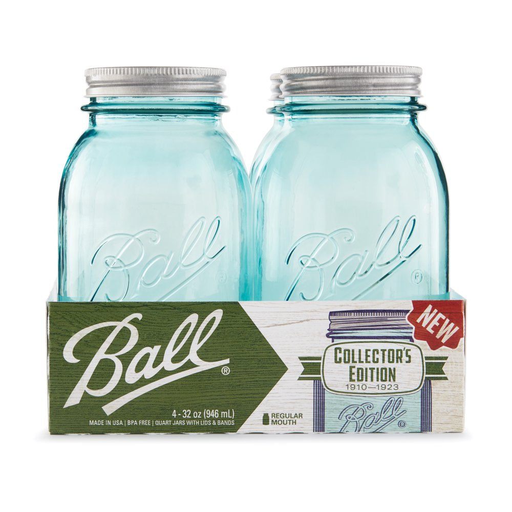 Ball Aqua Vintage Regular Mouth Quart Glass Mason Jars, 32 oz, 4 Pack