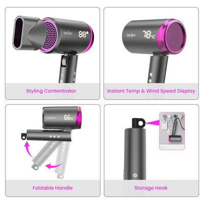 Sejoy High Speed Hair Dryer, 1800W Powerful Fast Blow Dryer, LED Display Negative Ion Hair Dryer Compact for Travel