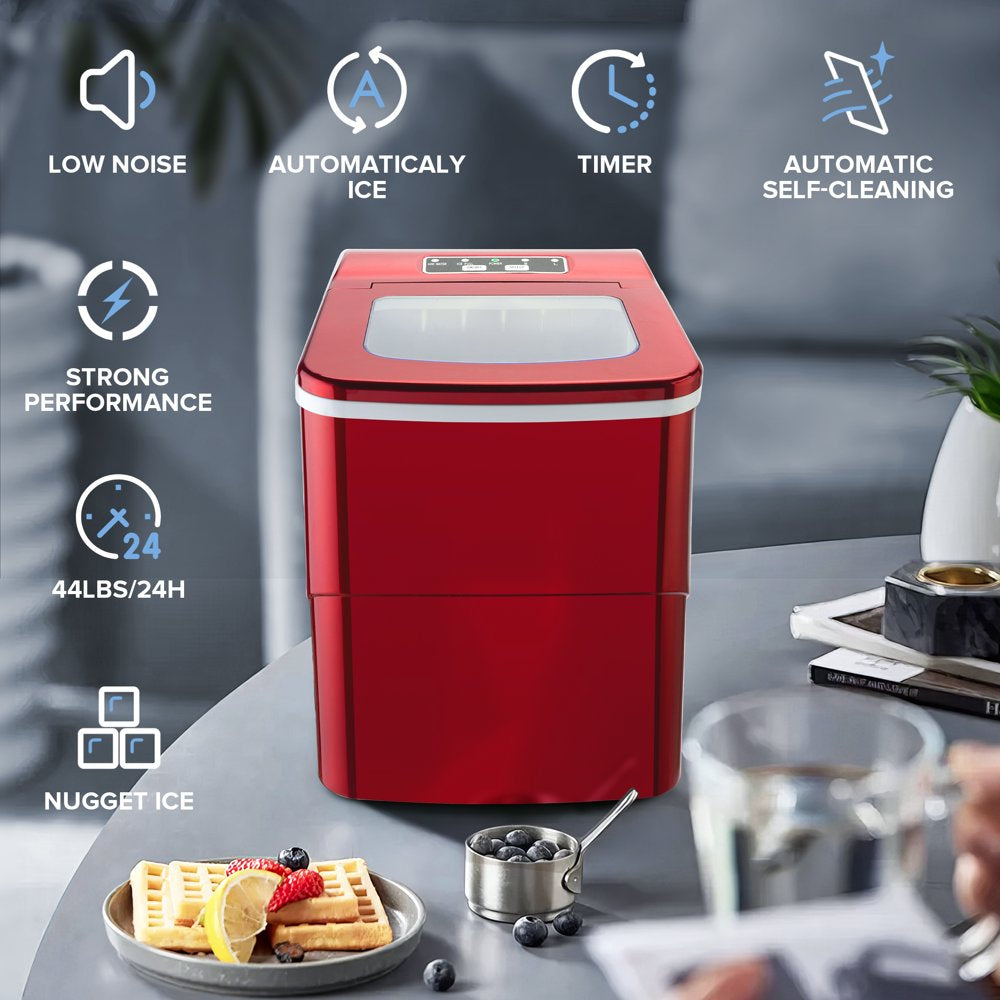  Ice Maker Countertop, 9Pcs/8Mins, 26Lbs/24H, Portable Ice Cube Maker with Scoop and Basket, for Party/Home/Office - (Red)