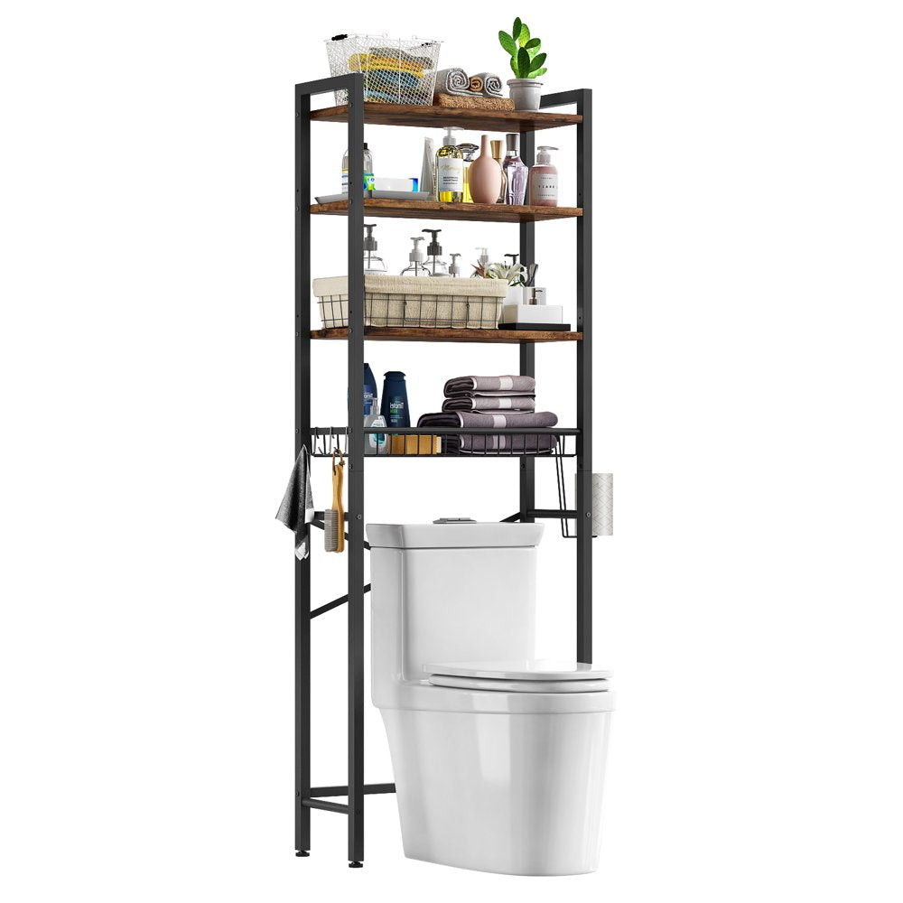 Kalrin Over The Toilet Storage Shelf, 4-Tier Wooden Bathroom Organizer Adjustable Saver Space Rack with Toilet Paper Holder, Black