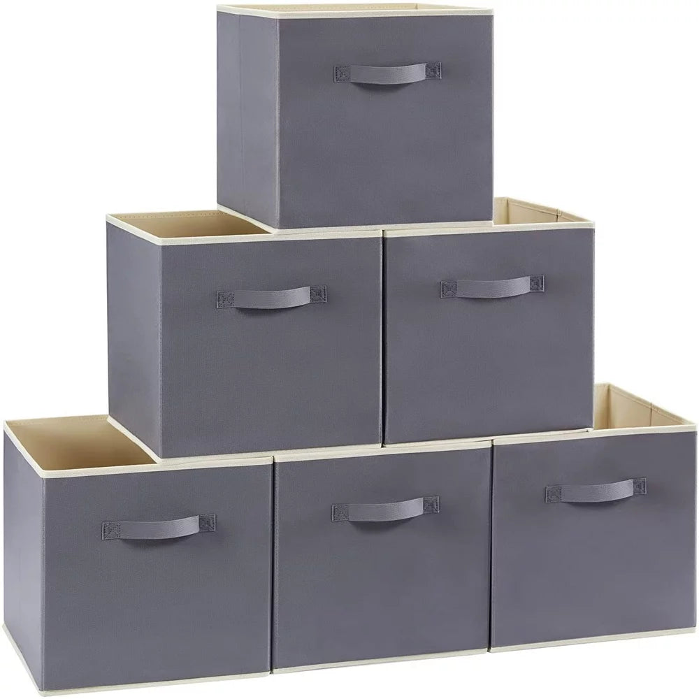 Collapsible Storage Cubes 11 Inch Foldable Fabric Bins Multi-Color, Set of 6, Grey