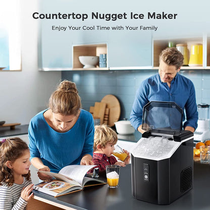 Auseo Nugget Ice Maker Countertop with Soft Chewable Pellet Ice, Portable Ice Machine with Handle, 34lbs/24H, for Kitchen/Office/Party (Black)