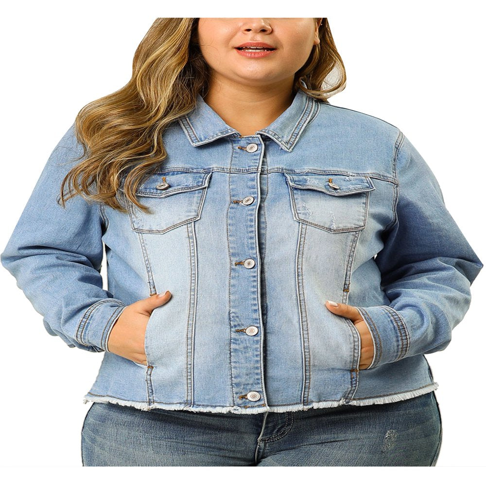  Women's Plus Size Outfits Classic Washed Front Frayed Denim Jacket