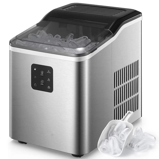 Dual-Size Ice Maker Countertop, 9 Bullet Ice in 6M, 28Lbs in 24H, Selfclean, Stainless Steel, AICOOK