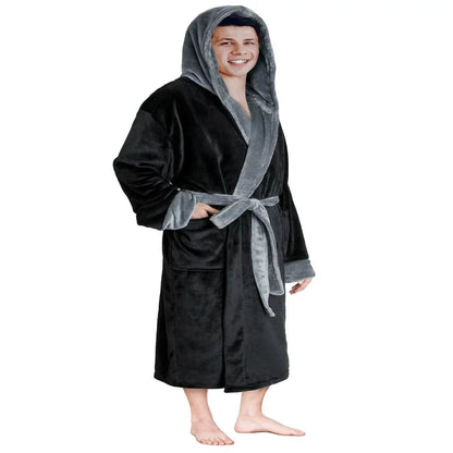 PAVILIA Mens Robe, Hooded Soft Robe for Men, Warm Bathrobe with Hood for Bath Shower Spa with Shawl Collar, Pockets, Satin Trim, Plush Fleece - Black