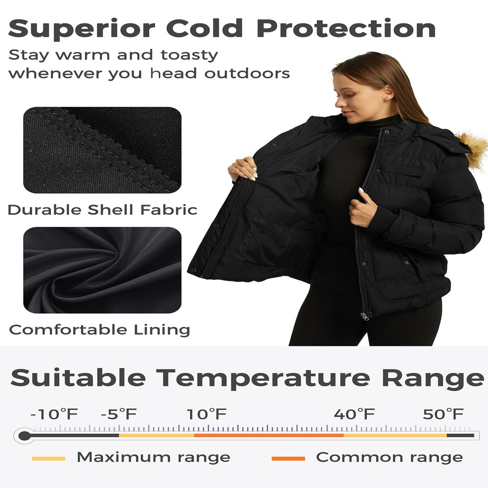 Wantdo Women's Winter Jacket Windproof Puffer Coat Insulated Puffy Jacket with Hood Black L