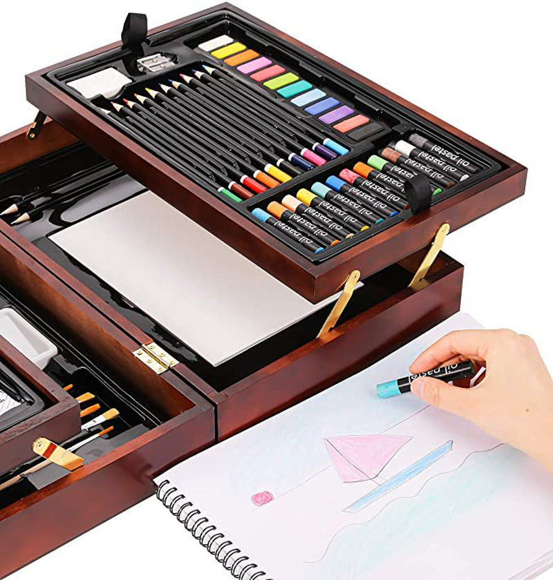  85 Piece , Vigorfun Deluxe Wooden Art Set Crafts Drawing Painting Kit with 2 Sketch Pads, Oil Pastels, Acrylic, Watercolor Paints, Creative Gifts Box for Adults Artist Kids Teens Girls