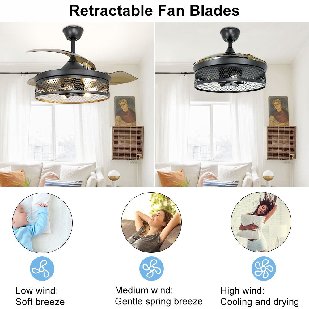 Depuley 42" Industrial Ceiling Fan with Light and Remote, 3-Blade Caged Flush Mount Ceiling Fan Vintage Retractable Indoor Ceiling Fan for Living Room, Bedroom, Dining Room