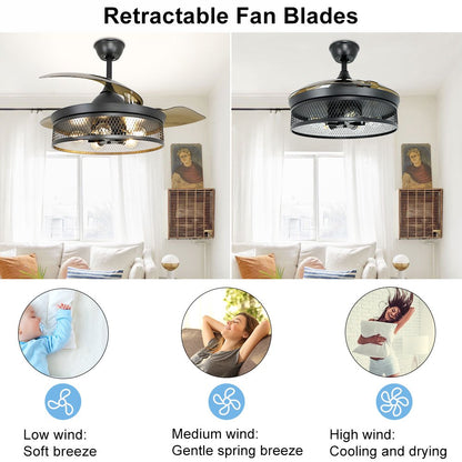 Depuley 42" Industrial Ceiling Fan with Light and Remote, 3-Blade Caged Flush Mount Ceiling Fan Vintage Retractable Indoor Ceiling Fan for Living Room, Bedroom, Dining Room