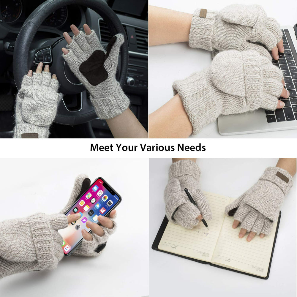 COOPLUS Mittens Winter Fingerless Gloves Warm Wool Knitted Gloves Convertible Gloves for Men and Women