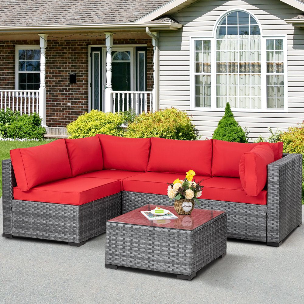 Walsunny 5 Pieces Patio Furniture Sets, Wicker Rattan Outdoor Sectional Sofa with Glass Table and Cushions