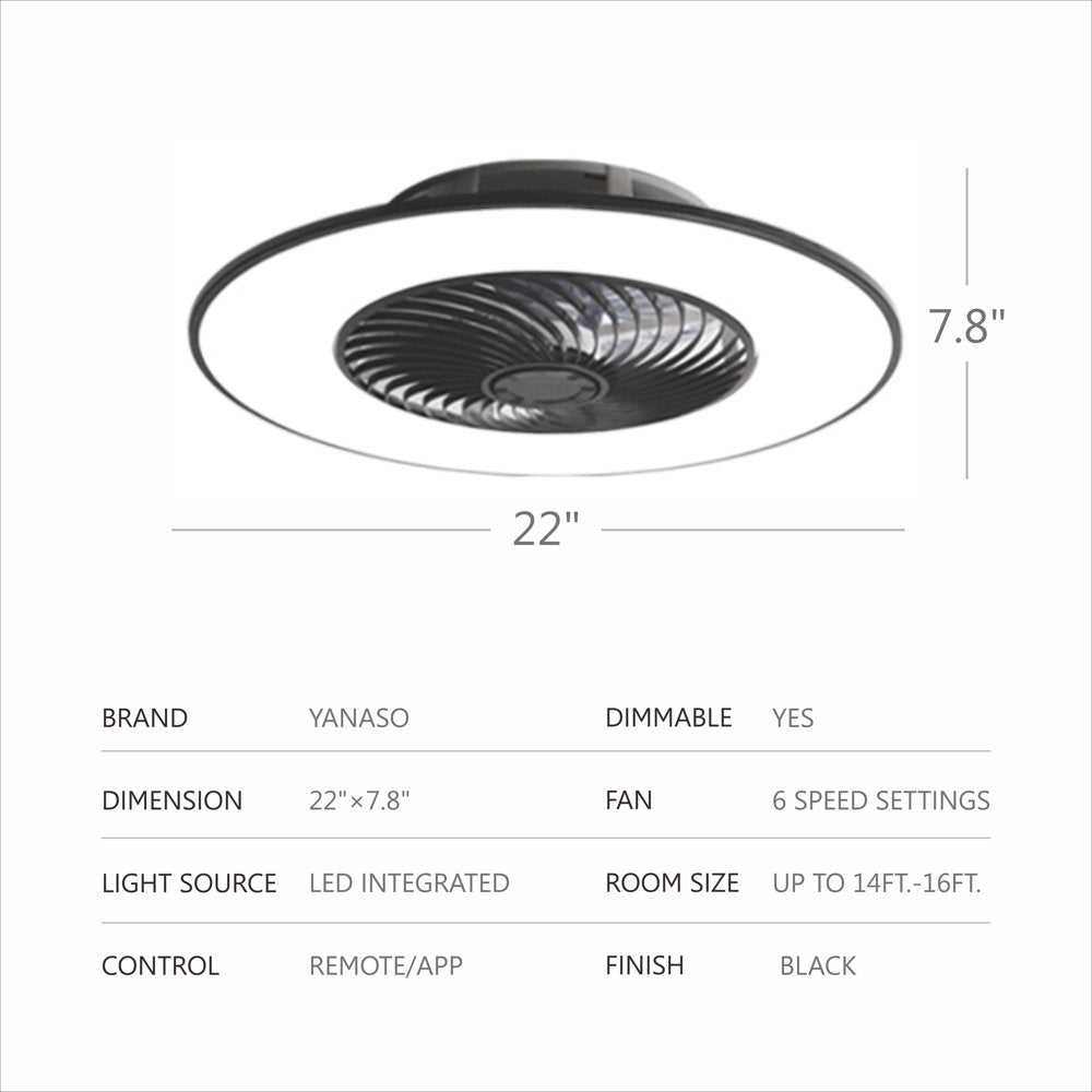 YANASO Ceiling Fan with Light,8 Enclosed Blades, App&Remote Control,6-Speed,Reversible,Black