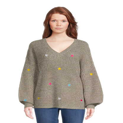 What's Next Women's Plus Size V-Neck Pullover with Heart Embroidery