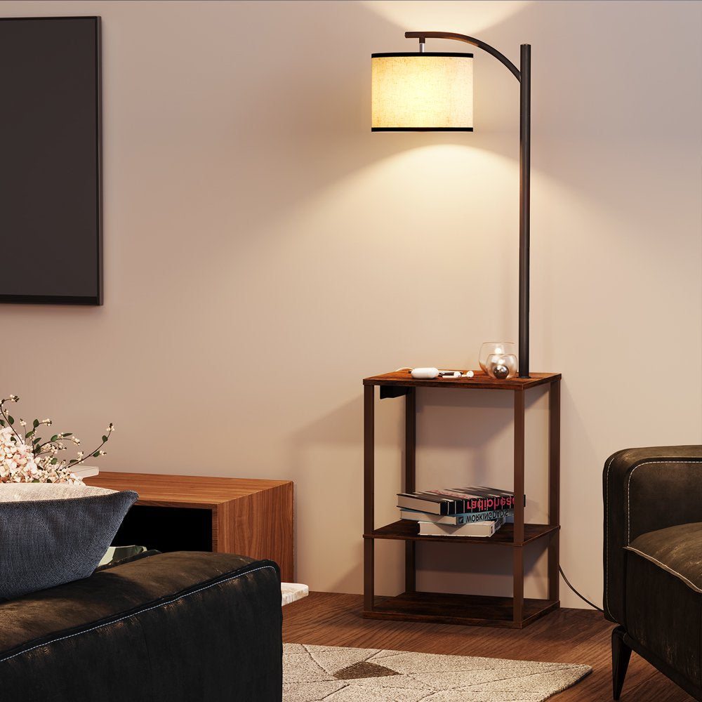 Floor Lamp with Table, Lamps for Living Room with USB Port, Attached End Table with Shelves, Brown