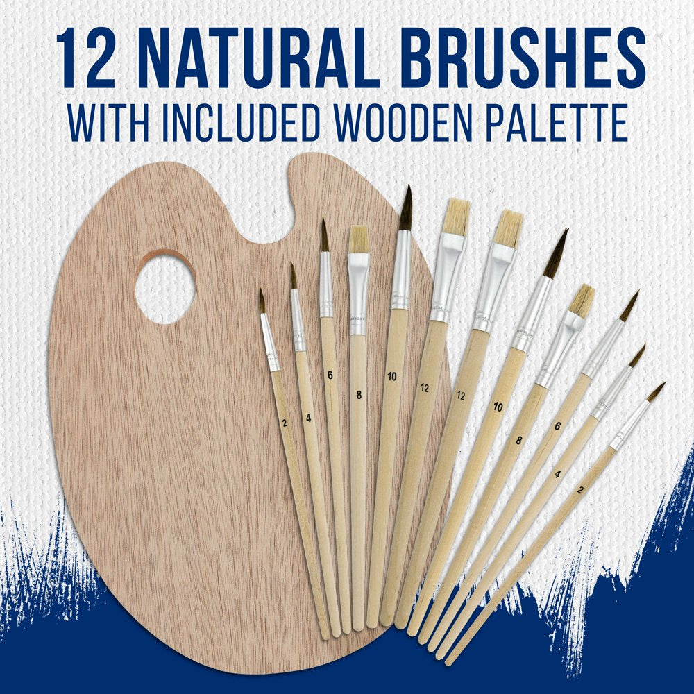  12-Piece Artist Paint Brush Set with 9" x 12" Wood Painting Palette - 12 Premium Round & Flat Bristle Paintbrushes - Fun Kids, Adults, Students, School Teachers, Beginners, Starter Kit