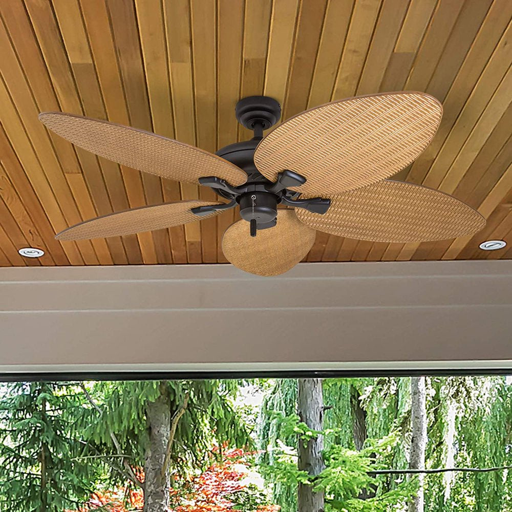 Honeywell Palm Valley 52" Bronze Tropical Ceiling Fan with 5 Palm Blades, 4 Arm Light Kit, Pull Chains & Reverse Airflow