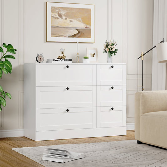 Homfa 6 Drawer White Double Dresser,Wood Storage Cabinet for Living Room, Chest of Drawers for Bedroom