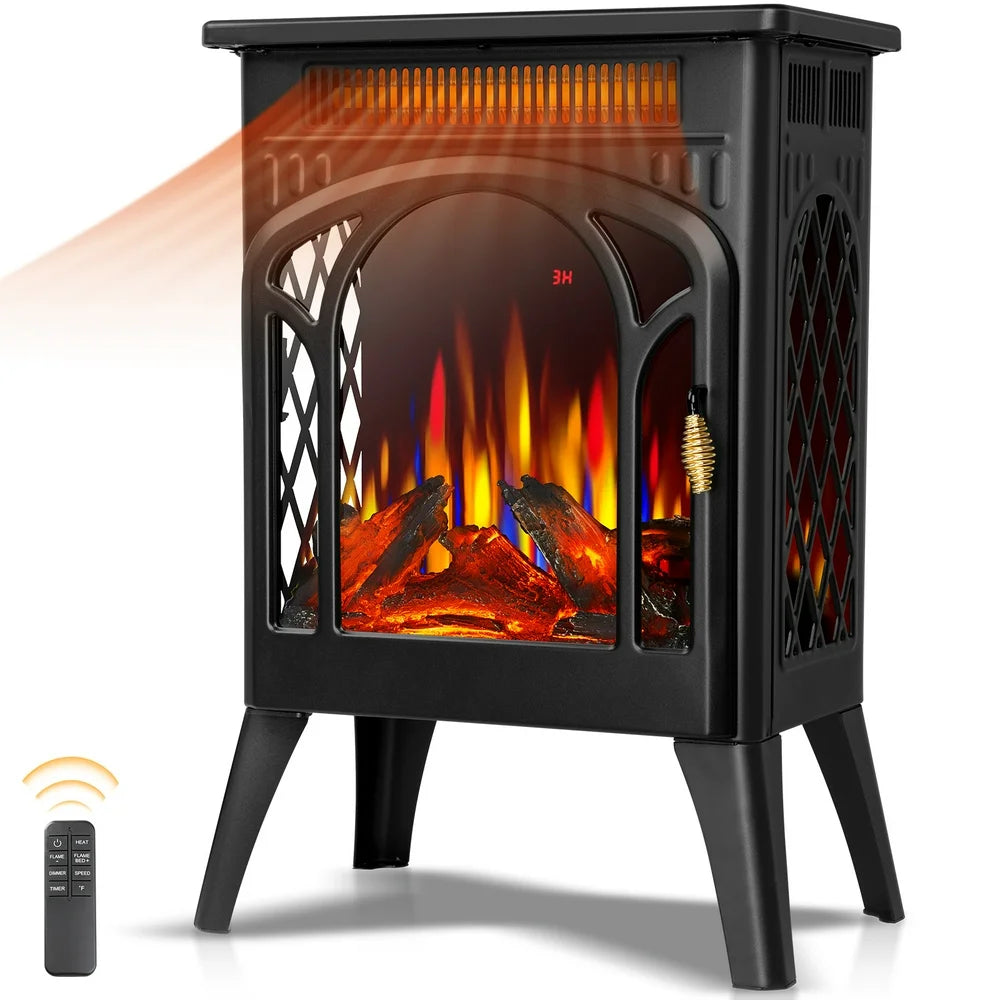 Auseo Electric Fireplace Heater 16", All-metal Frame Freestanding Stove, 3D Flame, Remote Control, 500W/1500W, Black