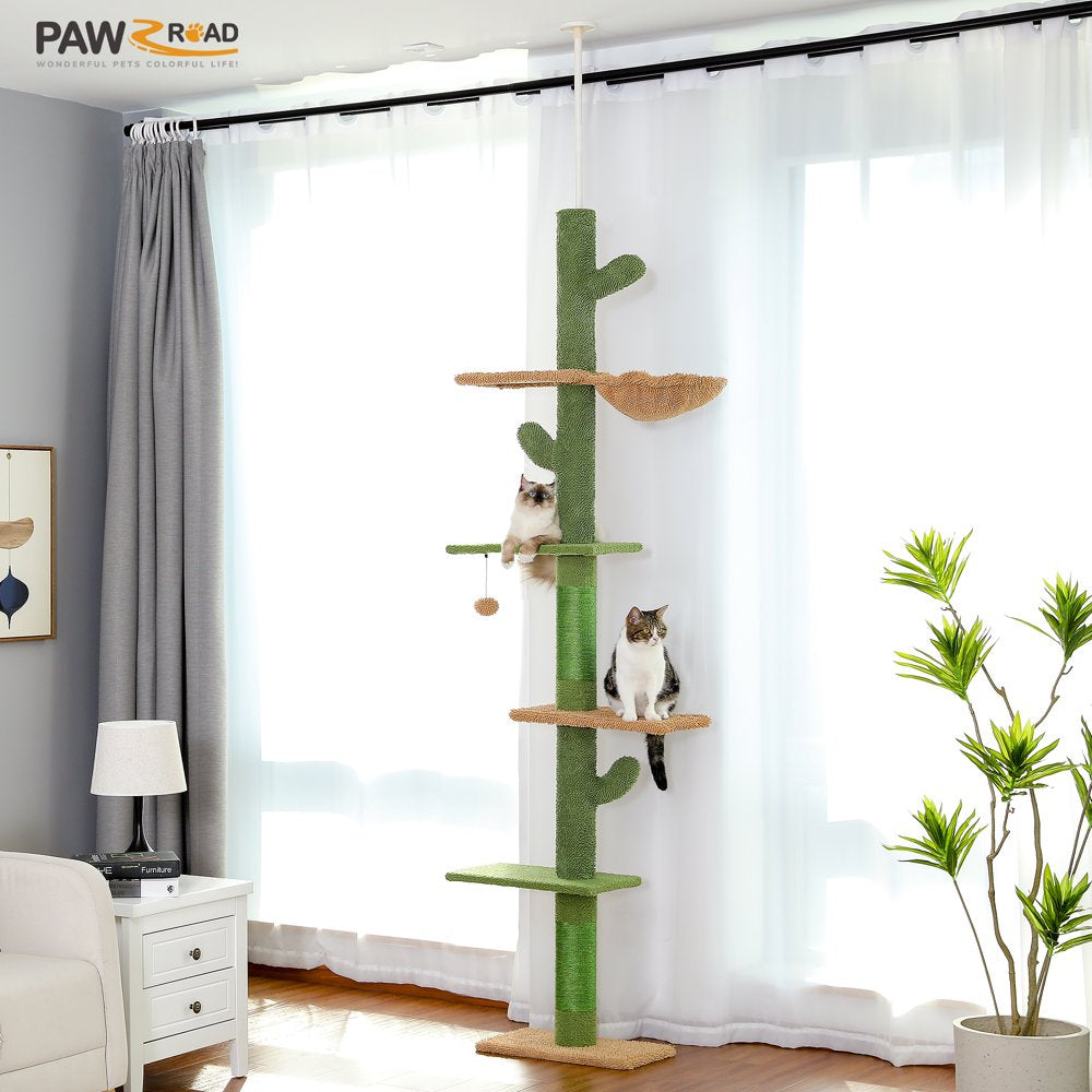 PAWZ Road 5-Level Cat Tree House Cactus Style Floor to Ceiling Tower 95-107" for Indoor Small Cats, Green