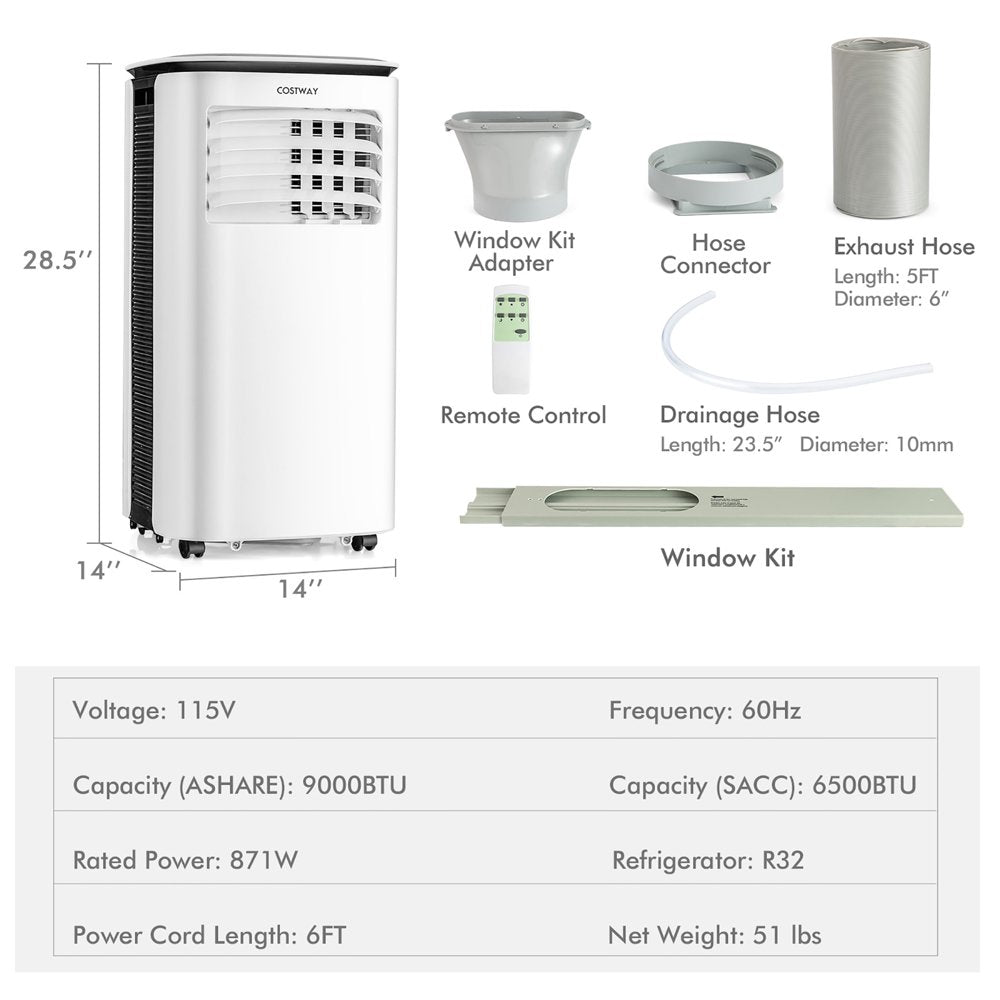  6500 BTU (9000 BTU ASHRAE) Air Cooler 3 in 1 Portable Air Conditioner W/Fan & Dehumidifier