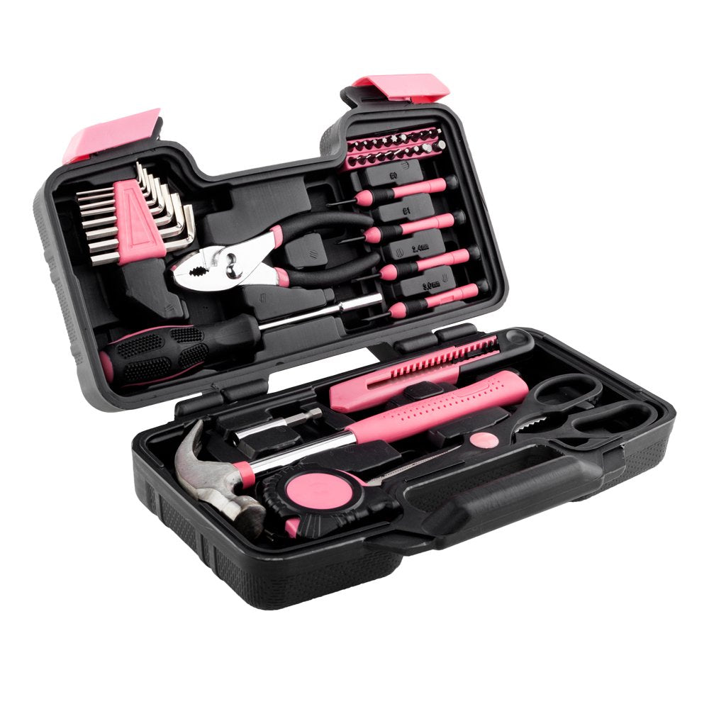 39pcs Household Hand Tool Set, w/ Case, for General Household DIY Home Repair, Pink