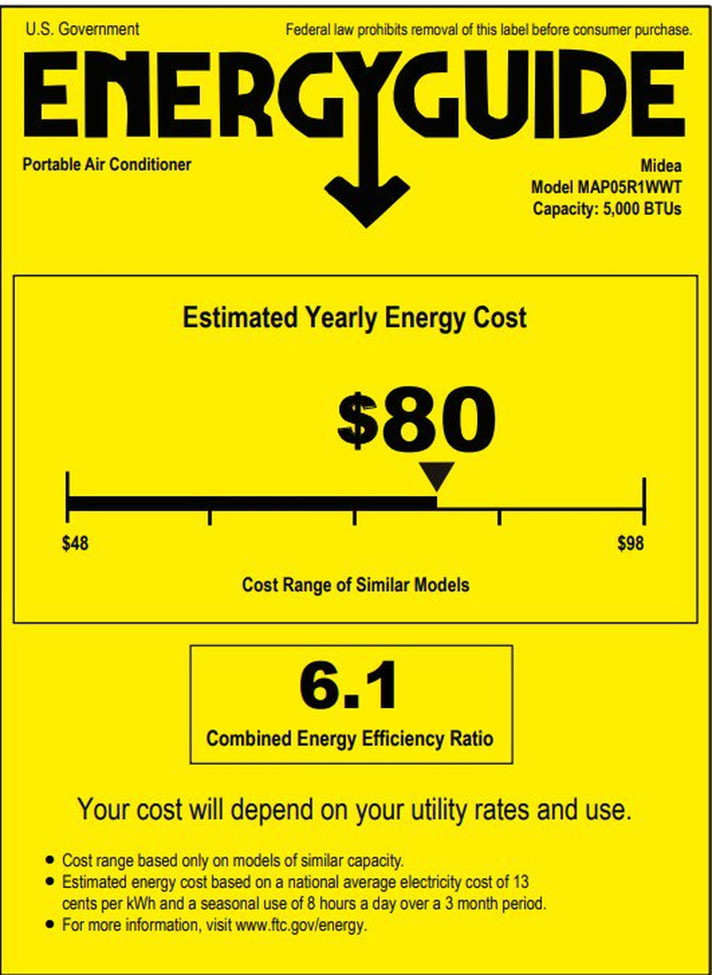 Midea 5,000 BTU (8,000 BTU ASHRAE) 115V Portable Air Conditioner with Comfort Sense Remote, Cools up to 150 Sq. Ft., MAP05R1WWT