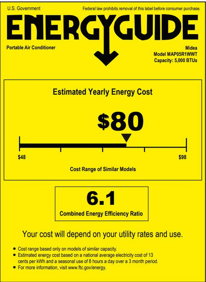 Midea 5,000 BTU (8,000 BTU ASHRAE) 115V Portable Air Conditioner with Comfort Sense Remote, Cools up to 150 Sq. Ft., MAP05R1WWT