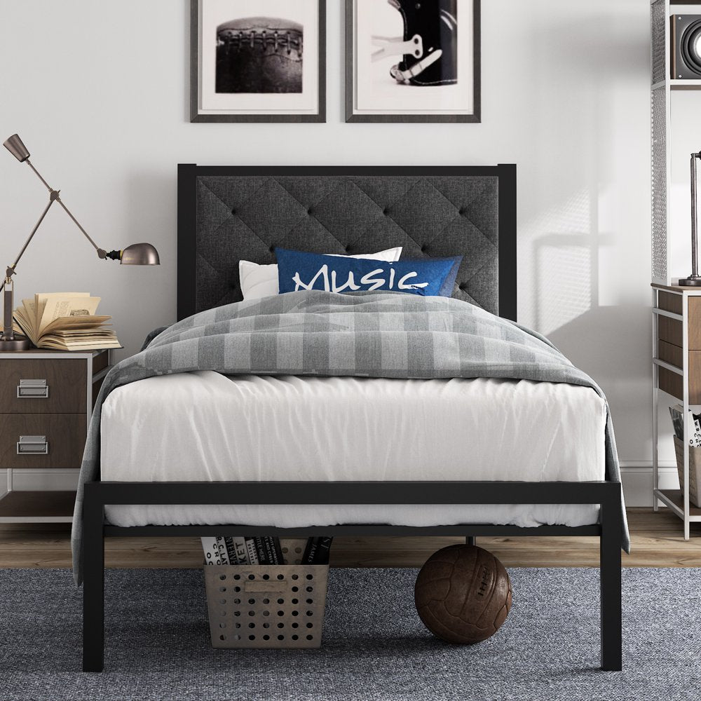 Amolife Twin Size Metal Bed Frame with Upholstered Headboard, Dark Grey