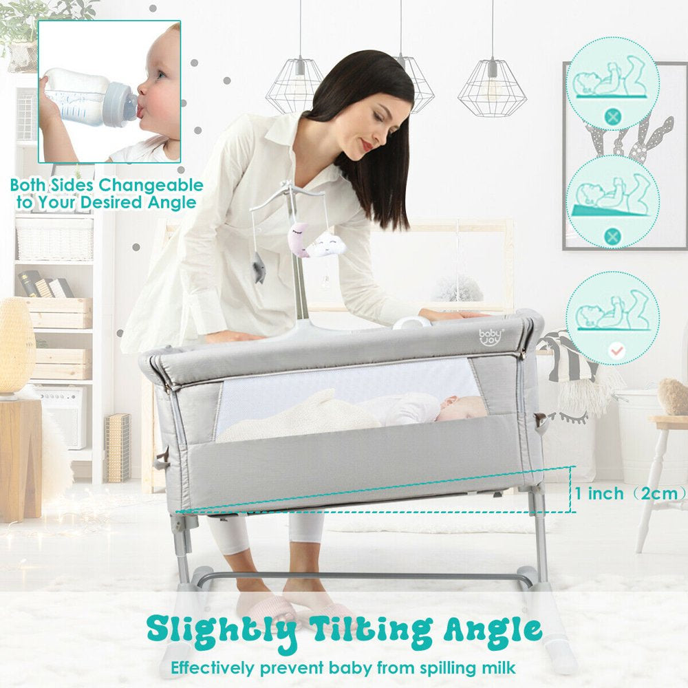 Gymax Portable Baby Bed Side Crib Height Adjustable W/ Music Box & Toys Light Grey