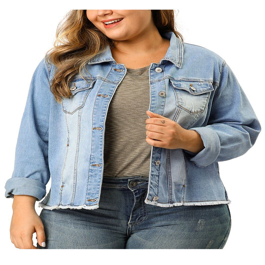  Women's Plus Size Outfits Classic Washed Front Frayed Denim Jacket