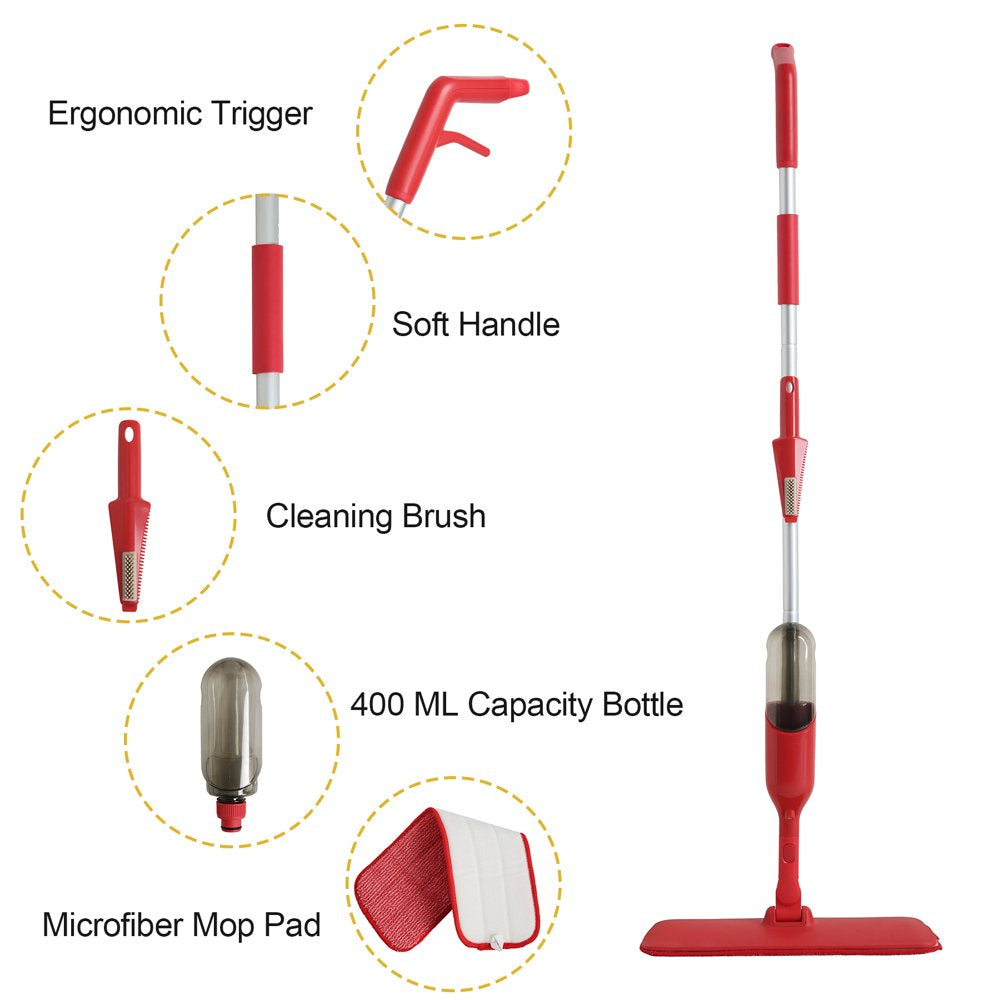 Eyliden Microfiber Spray Mop for Wood Floor Cleaning with 2 Washable Mop Pads 360 Degree, 400ML, Red