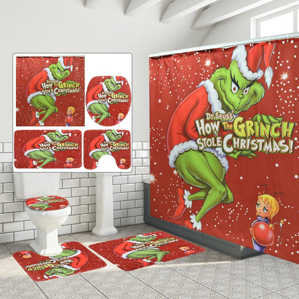 Christmas Shower Curtain Set How The Grinch Stole Christmas Shower Curtain with 12 Hooks Bathroom Set, Holiday Home Decor (72x72 Inch)