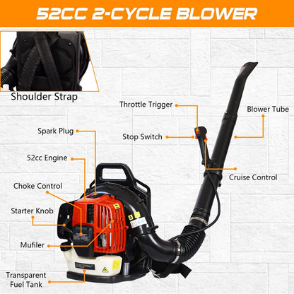 Leaf Blower with Backpack, Cordless Leaf Blowers for Lawn Care, 52CC 2 Stroke 174MPH 530CFM Gas Powered Blower with Extention Tube for Home Blowing Leaf, Snow Blowing, Dust, Red