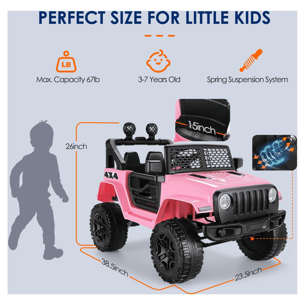 Funcid 12V Kids Powered Ride on Truck Car with Parent Remote Control, Bluetooth Music, Spring Suspension, LED Lights - Pink