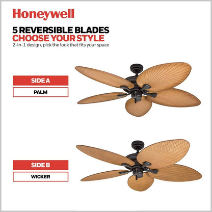 Honeywell Palm Valley 52" Bronze Tropical Ceiling Fan with 5 Palm Blades, 4 Arm Light Kit, Pull Chains & Reverse Airflow