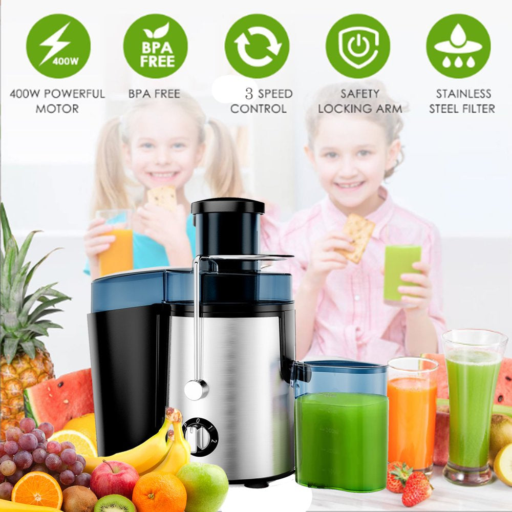 Juicer, 400W Centrifugal Juicer Machine with 3" Feed Chute for Whole Fruits and Vegetables, Juice Extractor Easy to Clean, 3 Speeds Control, Anti-Drip, , Stainless Steel, BPA Free, Silver