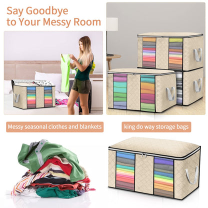 Closet Storage Bags Organizers, Large Clothing Storage Bags with Reinforced Handle, Foldable Clothes Storage Bags Closet Organizers, Blanket Storage Bags for Bedding, Clothes - 4 Pack