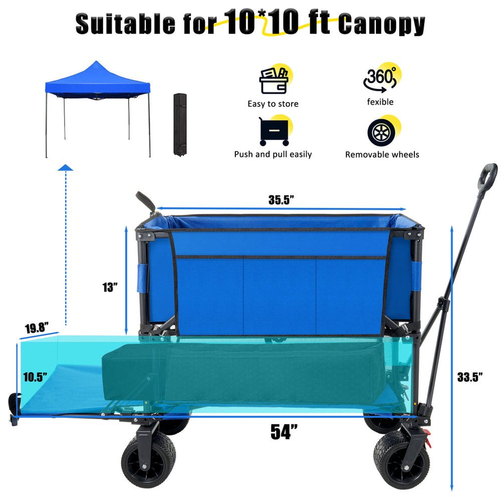 Folding Double Decker Garden Wagon, VECUKTY Heavy Duty Collapsible Wagon Cart with 54" Lower Decker, All-Terrain Big Wheels for Camping, Sports, Shopping, Garden and Beach, Support Up to 500lbs, Blue