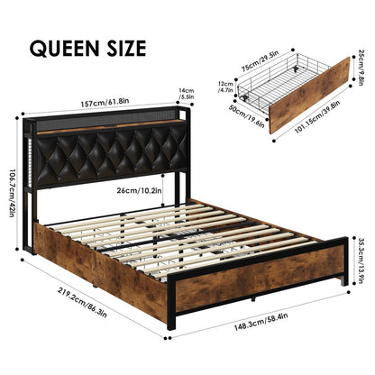 Homfa Queen Size LED Bed Frame with 4 Storage Drawers, Modern Leather Button Upholstered Display Platform Bed Frame with Outlets and USB Ports, Black