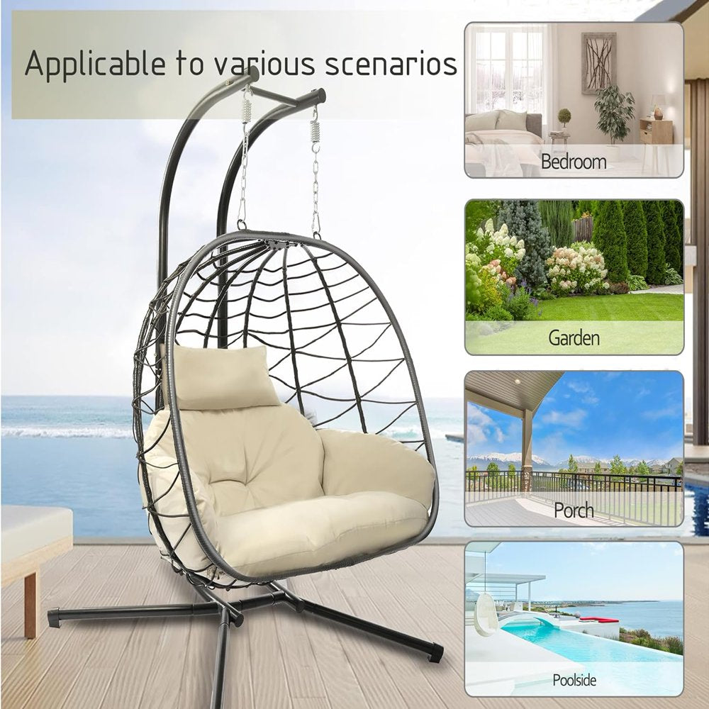 Esmlada Double Wicker Swing Egg Chair Hammock Foldable Hanging Loveseat with Stand, UV Resistant Removable Cushions, 700LBS Capacity for Bedroom, Balcony (Black and Beige)