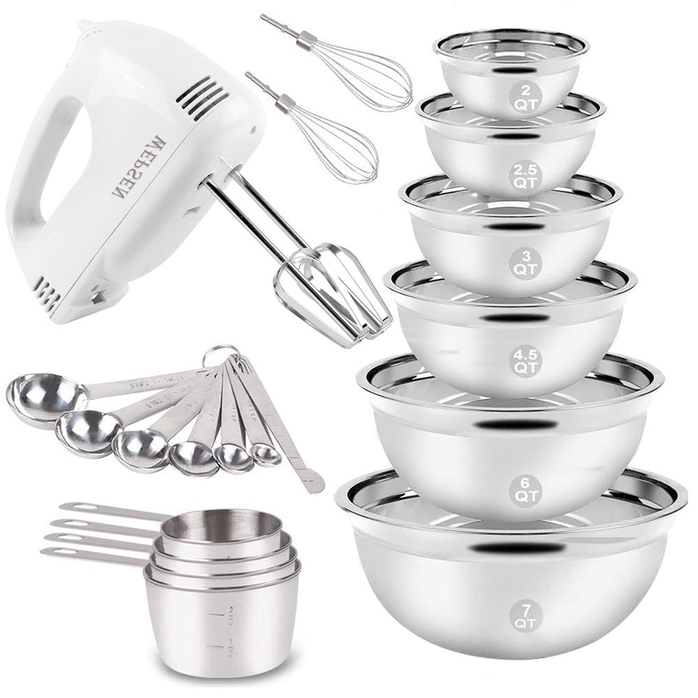 Electric Hand Mixer Mixing Bowls Set, Upgrade 5-Speeds Mixers with Silver Nesting Stainless Steel Mixing Bowl, Measuring Cups and Spoons Whisk Blender - Baking Supplies for Cooking