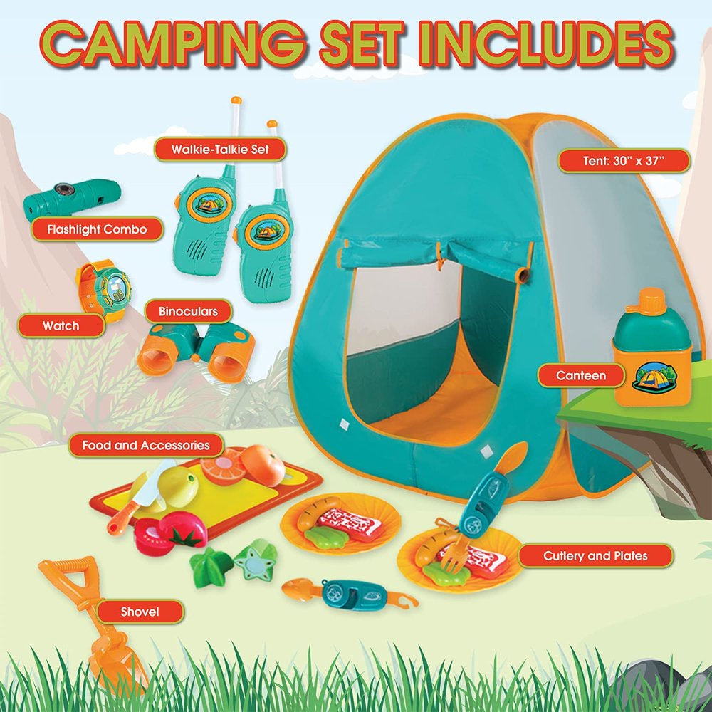 ToyVelt Kids Camping Up Tent Set -Includes Tent, Telescope, 2 Walkie Talkies, and Full Camping Gear Set Indoor and Outdoor Toy - Best Present for 3 4 5 6 Year Old Boys and Girls and Up