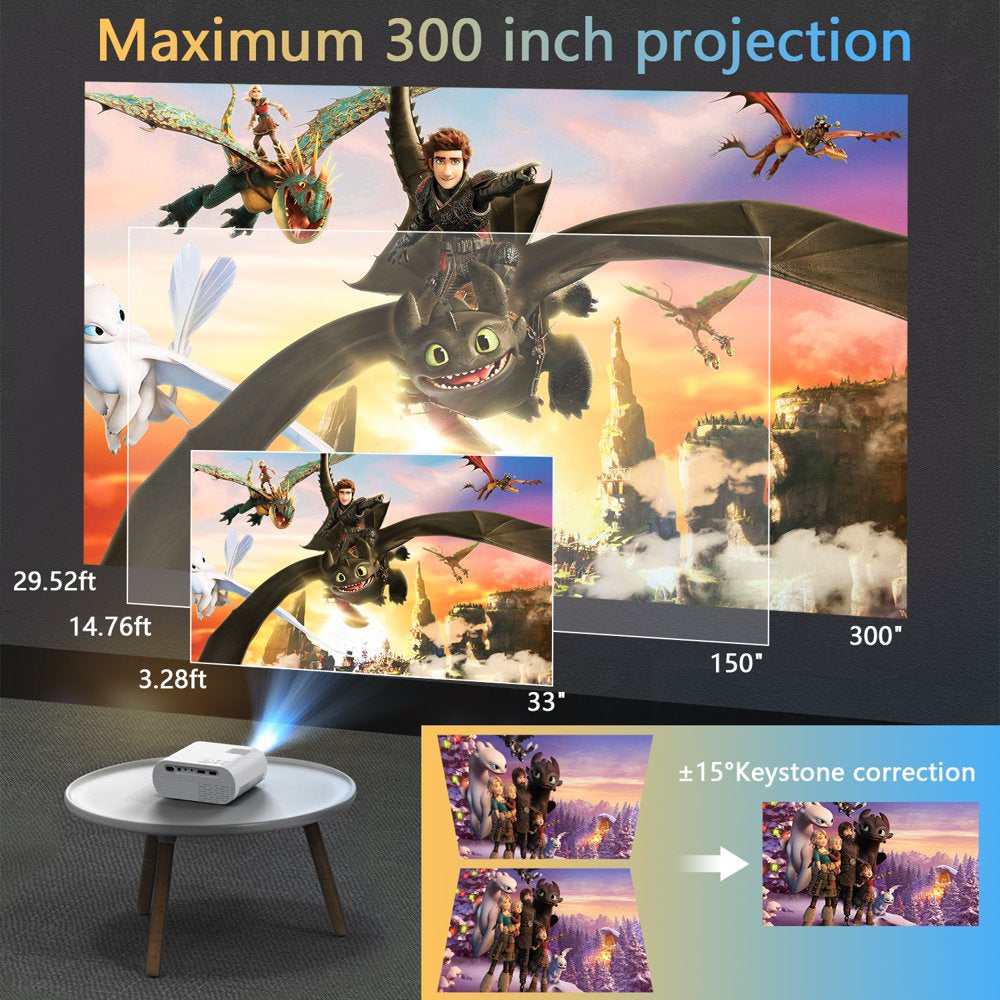 8500LM Mini Projector with Tripod, Full HD 1080P Portable Outddor Movie Projector,LCD Technology 300"Display Projector , White，Projector with Tripod