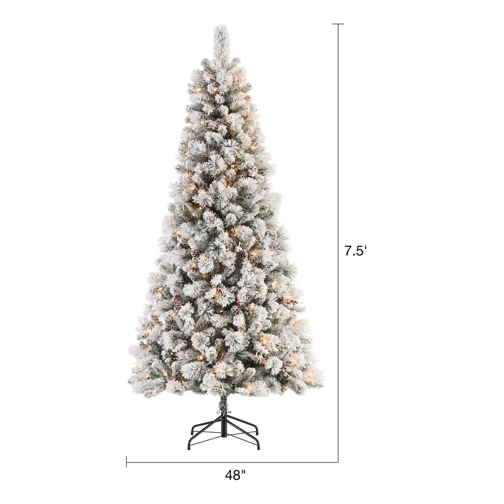 7.5 ft Pre-Lit Flocked Lakewood Spruce Artificial Christmas, Clear Lights, Green, 7.5 ft, by Holiday Time